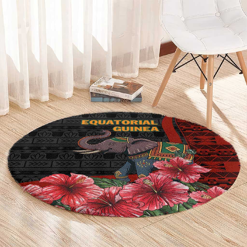 Equatorial Guinea Elephant Round Carpet - Hibiscus Flowers and Tribal Patterns