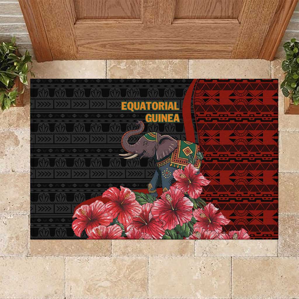 Equatorial Guinea Elephant Rubber Doormat - Hibiscus Flowers and Tribal Patterns