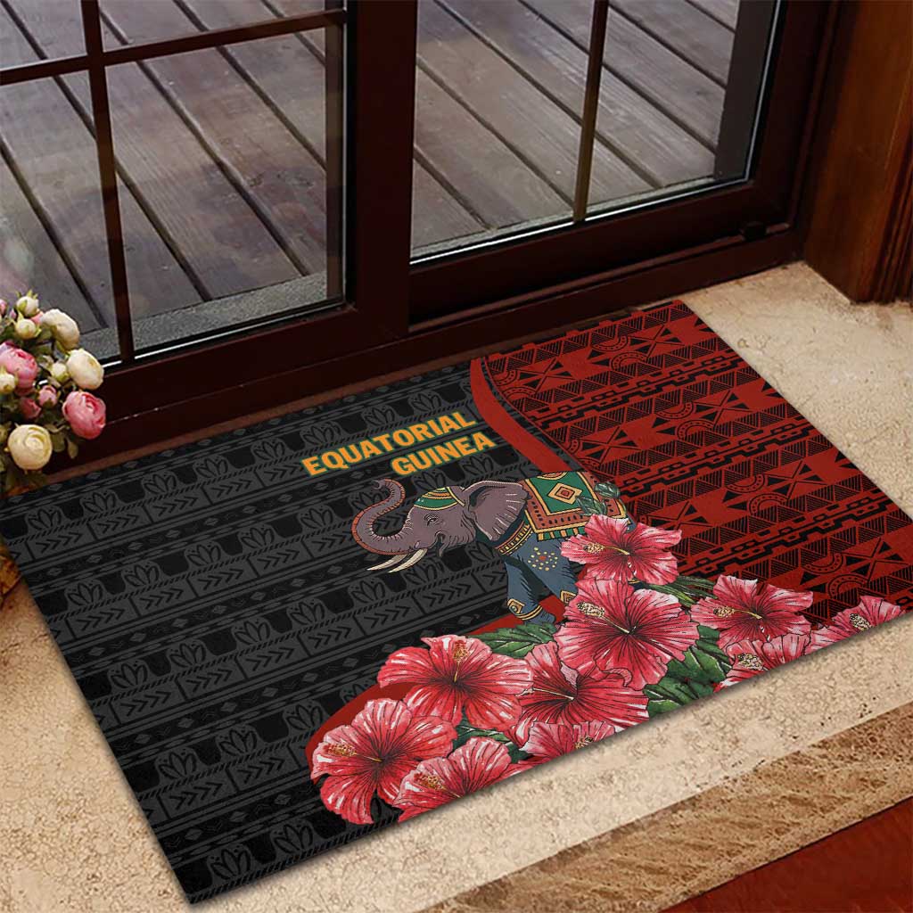 Equatorial Guinea Elephant Rubber Doormat - Hibiscus Flowers and Tribal Patterns