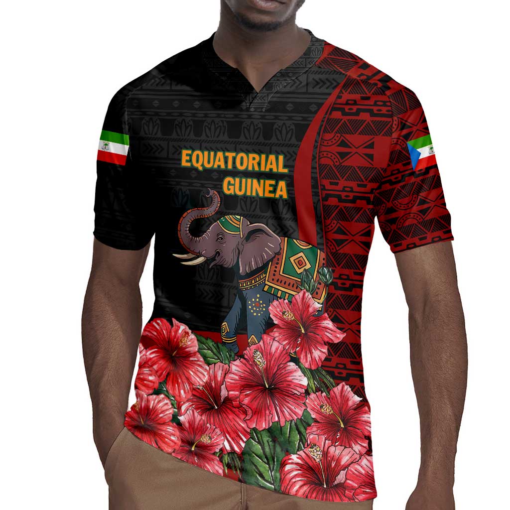 Equatorial Guinea Elephant Rugby Jersey - Hibiscus Flowers and Tribal Patterns