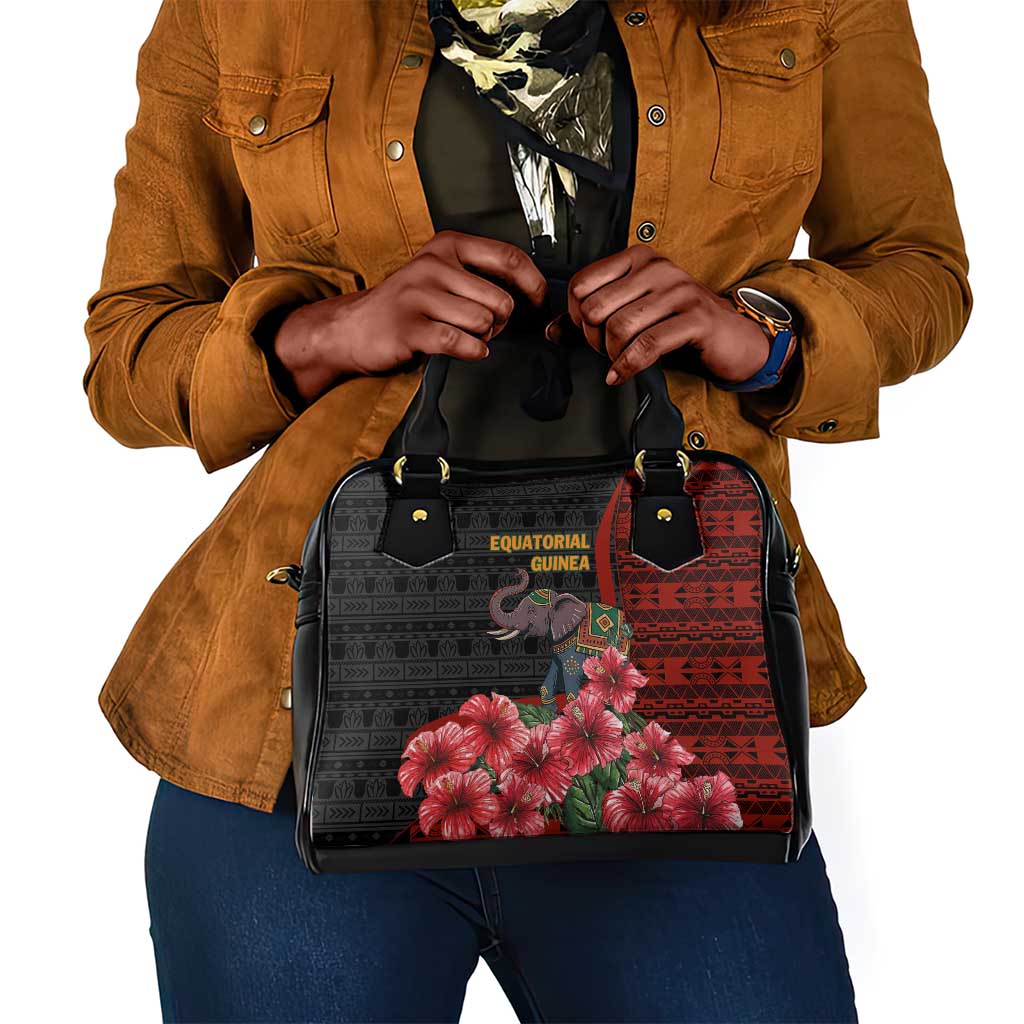 Equatorial Guinea Elephant Shoulder Handbag - Hibiscus Flowers and Tribal Patterns