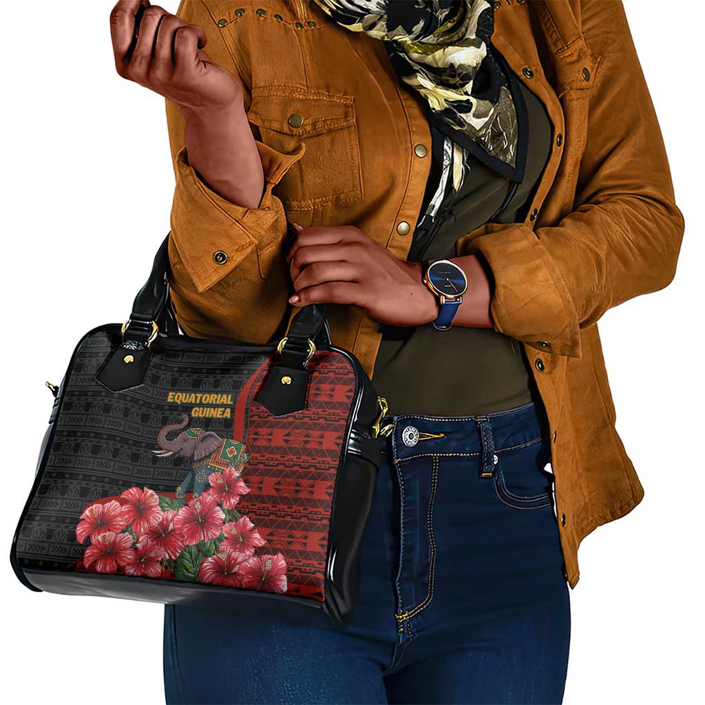 Equatorial Guinea Elephant Shoulder Handbag - Hibiscus Flowers and Tribal Patterns