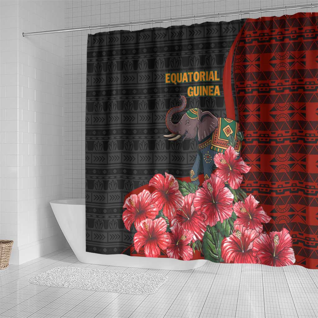 Equatorial Guinea Elephant Shower Curtain - Hibiscus Flowers and Tribal Patterns