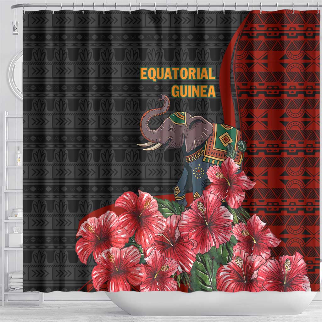 Equatorial Guinea Elephant Shower Curtain - Hibiscus Flowers and Tribal Patterns