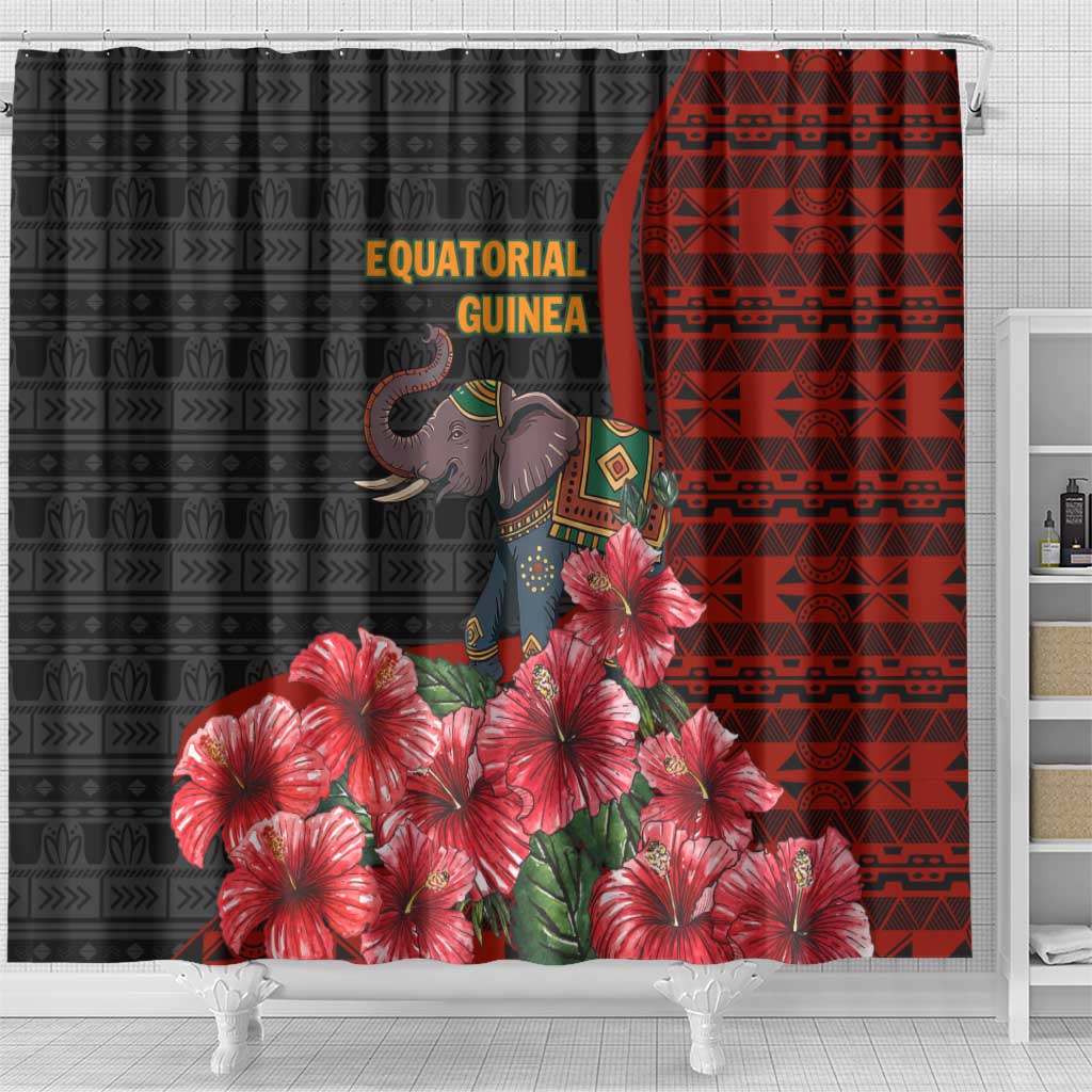 Equatorial Guinea Elephant Shower Curtain - Hibiscus Flowers and Tribal Patterns