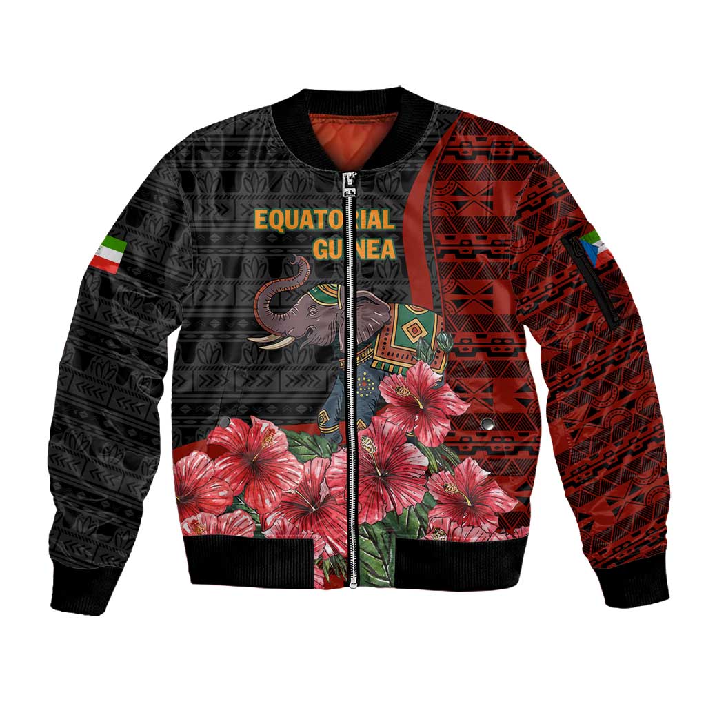 Equatorial Guinea Elephant Sleeve Zip Bomber Jacket - Hibiscus Flowers and Tribal Patterns