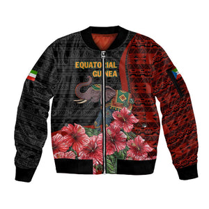 Equatorial Guinea Elephant Sleeve Zip Bomber Jacket - Hibiscus Flowers and Tribal Patterns
