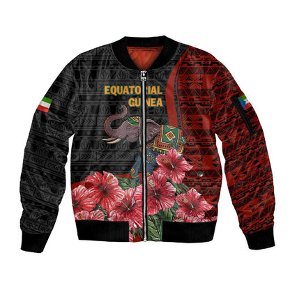 Equatorial Guinea Elephant Sleeve Zip Bomber Jacket - Hibiscus Flowers and Tribal Patterns