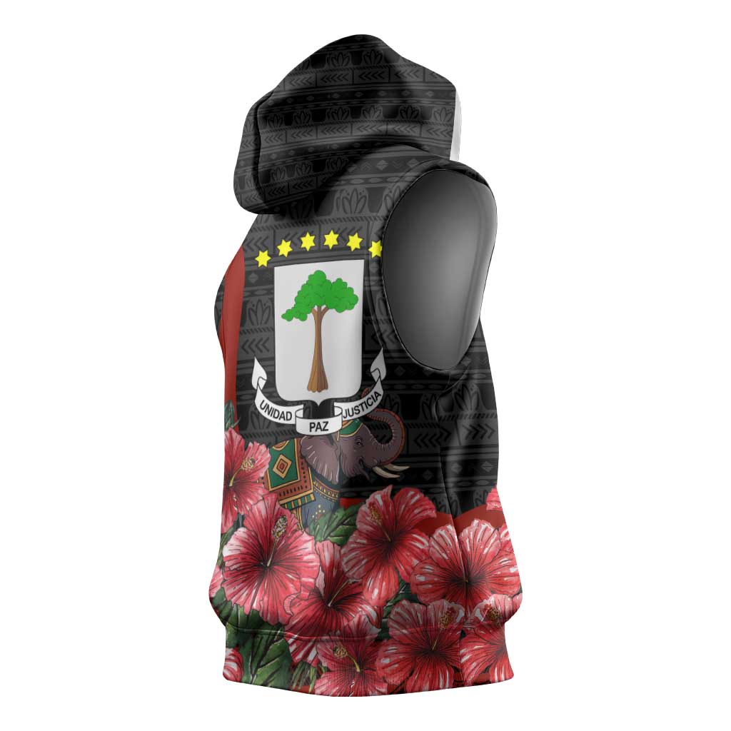Equatorial Guinea Elephant Sleeveless Hoodie - Hibiscus Flowers and Tribal Patterns - African Pride