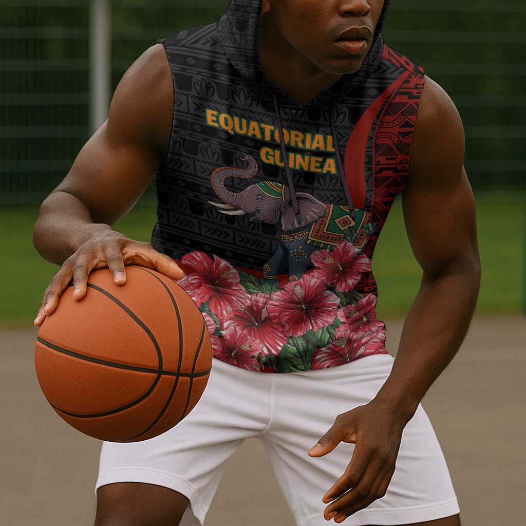 Equatorial Guinea Elephant Sleeveless Hoodie - Hibiscus Flowers and Tribal Patterns - African Pride