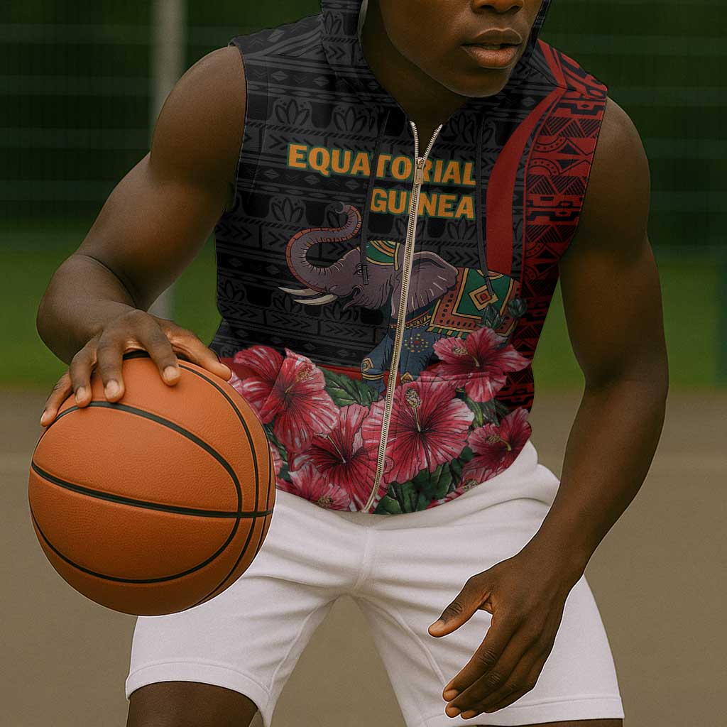 Equatorial Guinea Elephant Sleeveless Zip Hoodie - Hibiscus Flowers and Tribal Patterns - African Pride