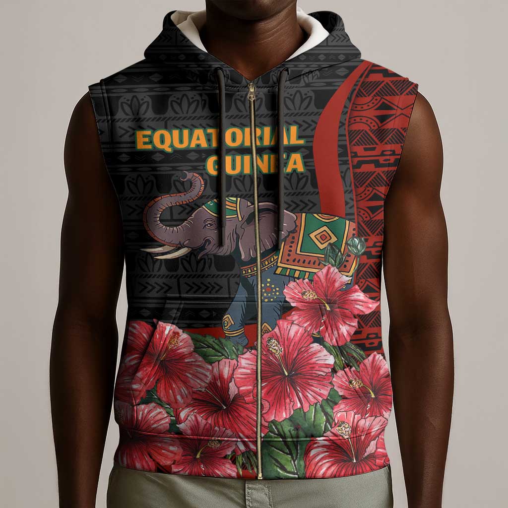 Equatorial Guinea Elephant Sleeveless Zip Hoodie - Hibiscus Flowers and Tribal Patterns - African Pride
