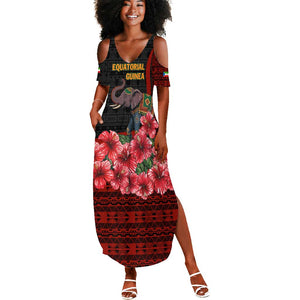 Equatorial Guinea Elephant Summer Maxi Dress - Hibiscus Flowers and Tribal Patterns