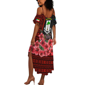 Equatorial Guinea Elephant Summer Maxi Dress - Hibiscus Flowers and Tribal Patterns