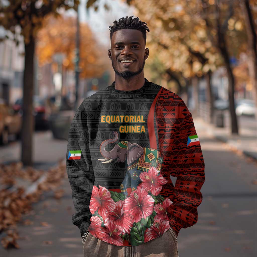 Equatorial Guinea Elephant Sweatshirt - Hibiscus Flowers and Tribal Patterns