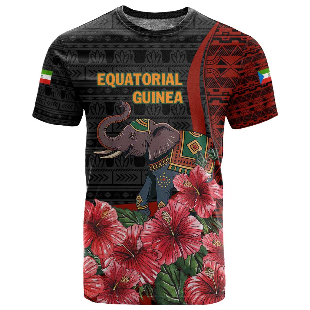 Equatorial Guinea Elephant T shirt - Hibiscus Flowers and Tribal Patterns