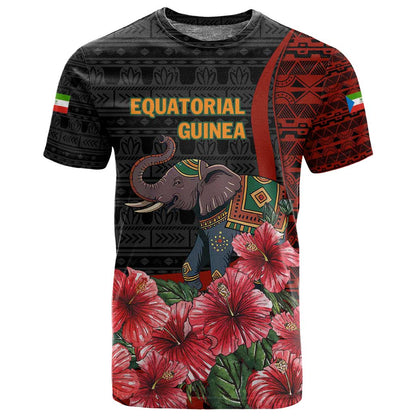 Equatorial Guinea Elephant T shirt - Hibiscus Flowers and Tribal Patterns