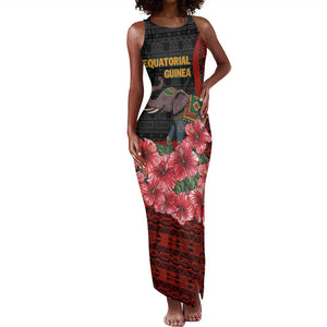 Equatorial Guinea Elephant Tank Maxi Dress - Hibiscus Flowers and Tribal Patterns