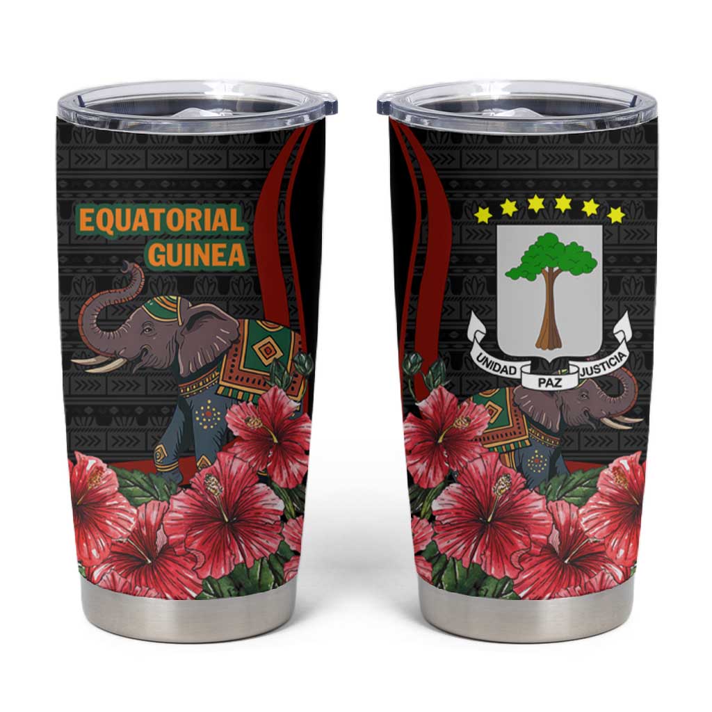 Equatorial Guinea Elephant Tumbler Cup - Hibiscus Flowers and Tribal Patterns