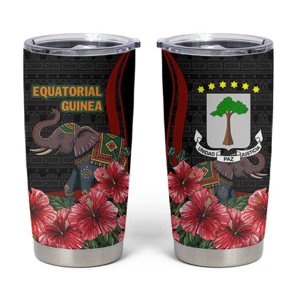 Equatorial Guinea Elephant Tumbler Cup - Hibiscus Flowers and Tribal Patterns