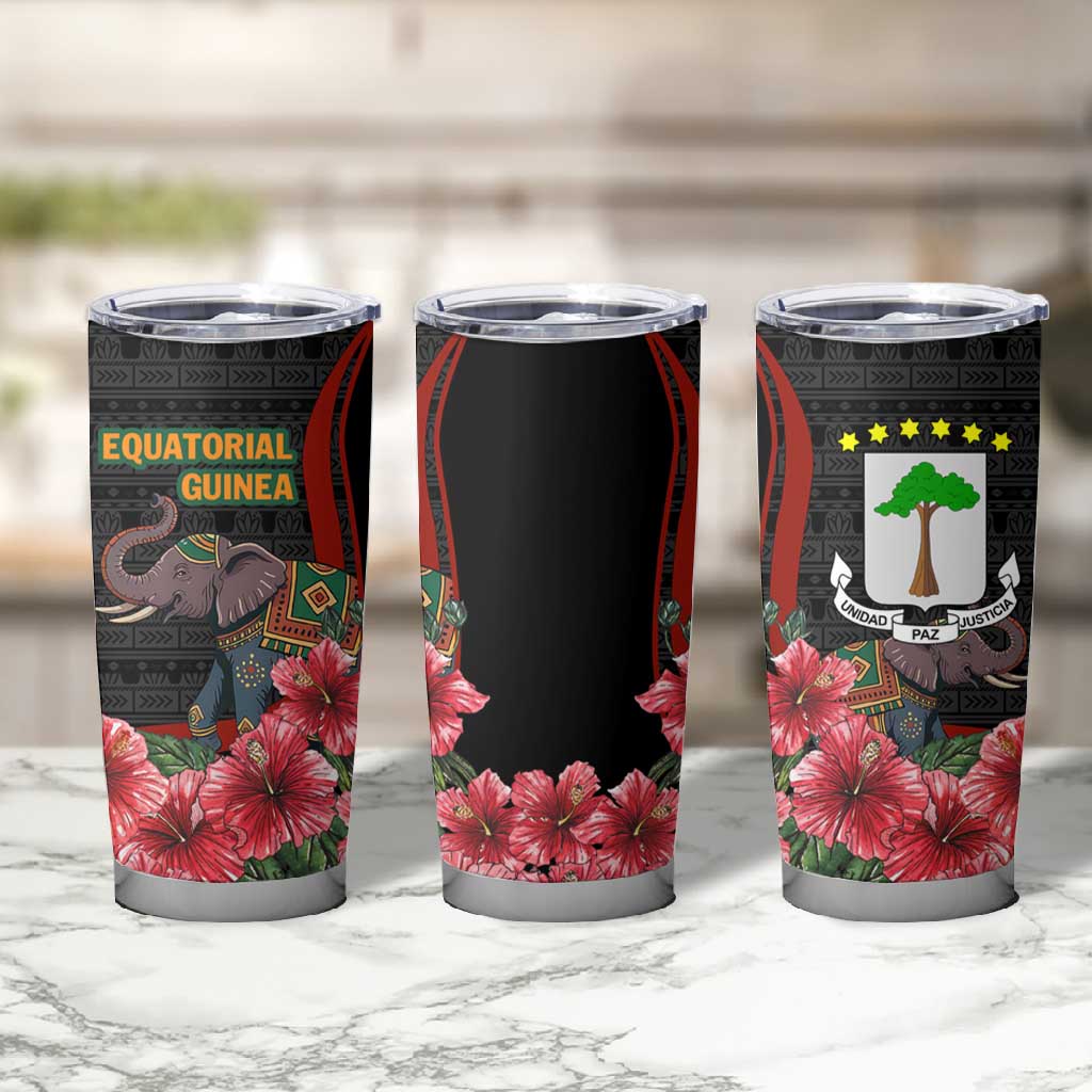 Equatorial Guinea Elephant Tumbler Cup - Hibiscus Flowers and Tribal Patterns