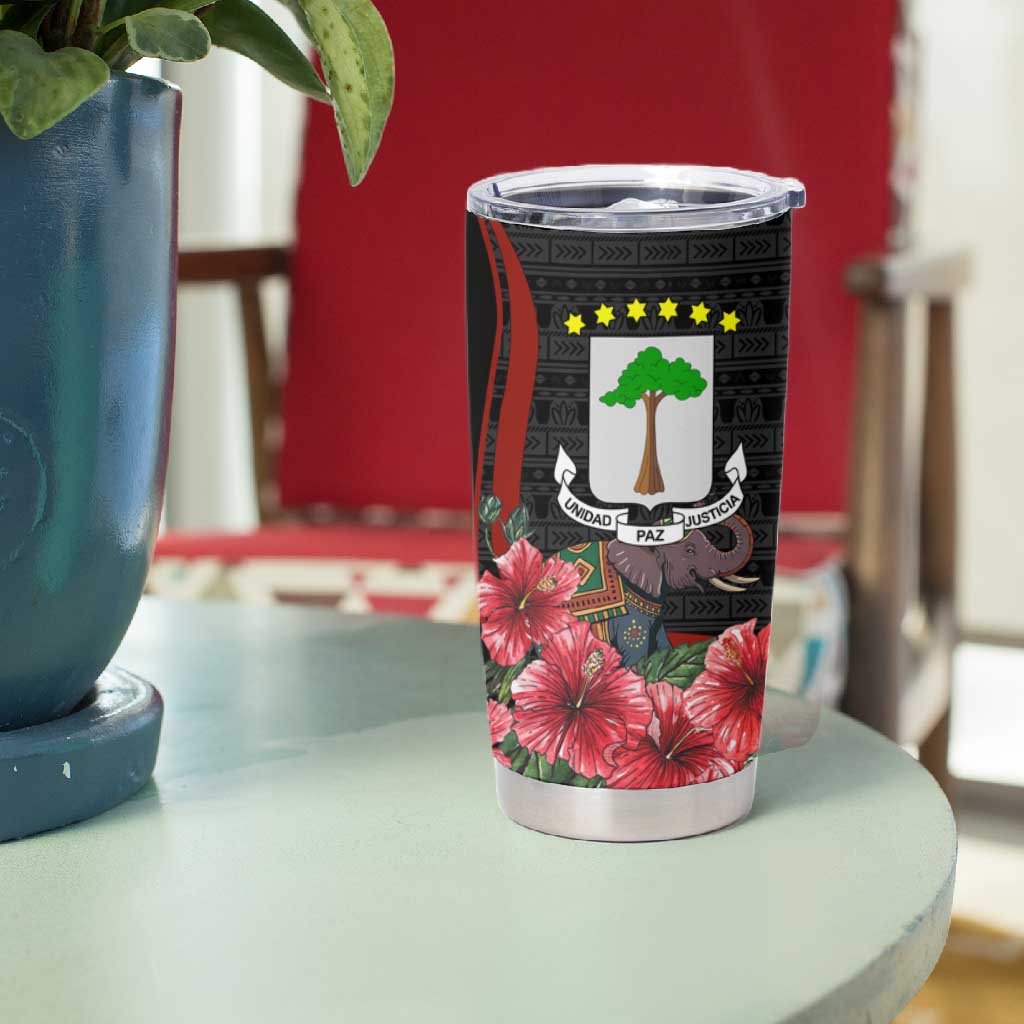 Equatorial Guinea Elephant Tumbler Cup - Hibiscus Flowers and Tribal Patterns