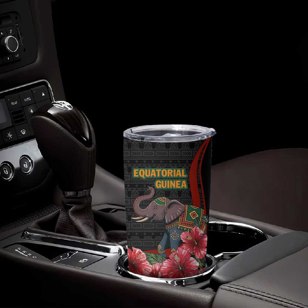 Equatorial Guinea Elephant Tumbler Cup - Hibiscus Flowers and Tribal Patterns
