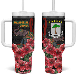Equatorial Guinea Elephant Tumbler With Handle - Hibiscus Flowers and Tribal Patterns