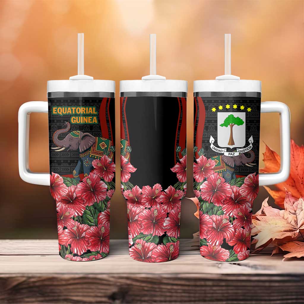 Equatorial Guinea Elephant Tumbler With Handle - Hibiscus Flowers and Tribal Patterns