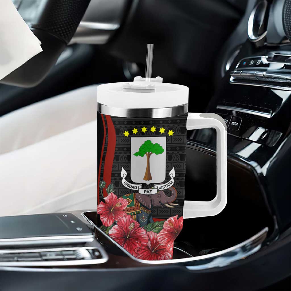 Equatorial Guinea Elephant Tumbler With Handle - Hibiscus Flowers and Tribal Patterns