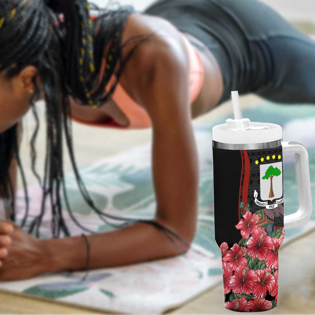 Equatorial Guinea Elephant Tumbler With Handle - Hibiscus Flowers and Tribal Patterns