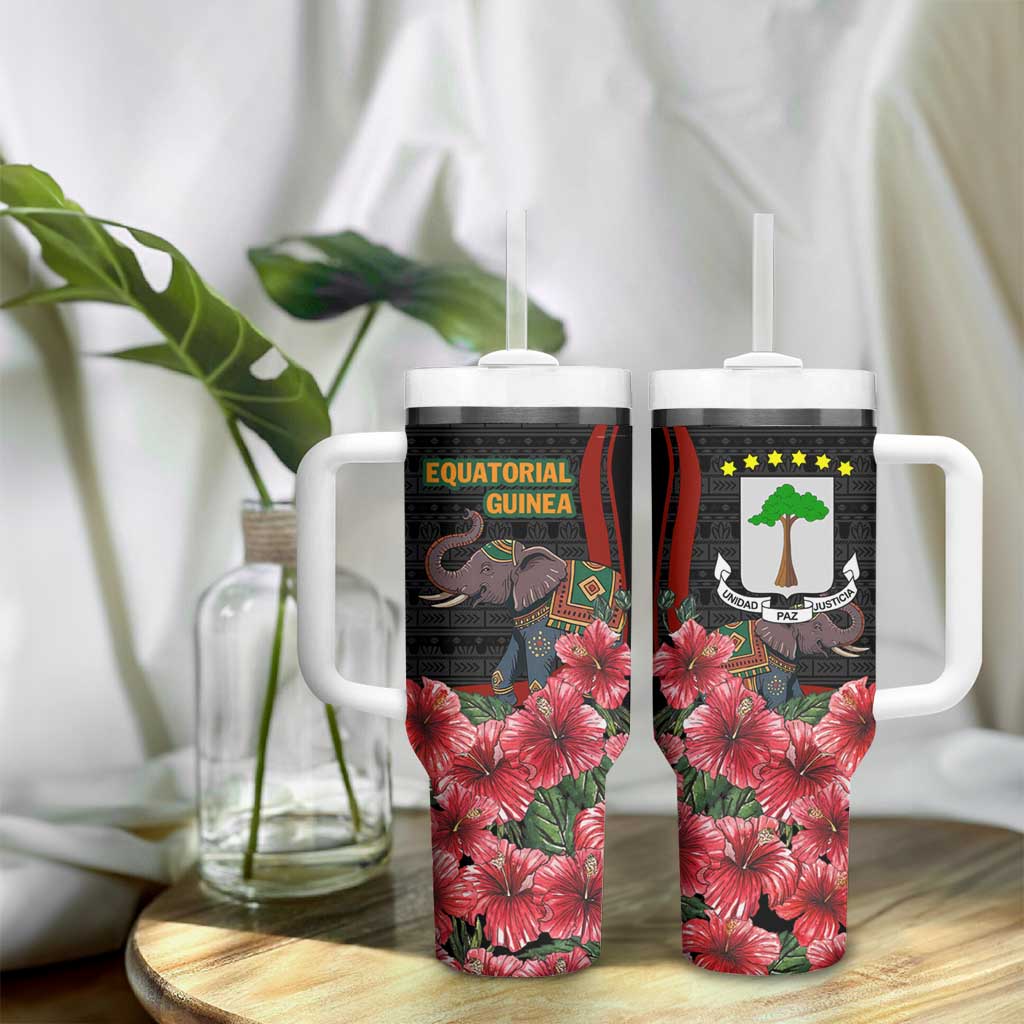Equatorial Guinea Elephant Tumbler With Handle - Hibiscus Flowers and Tribal Patterns