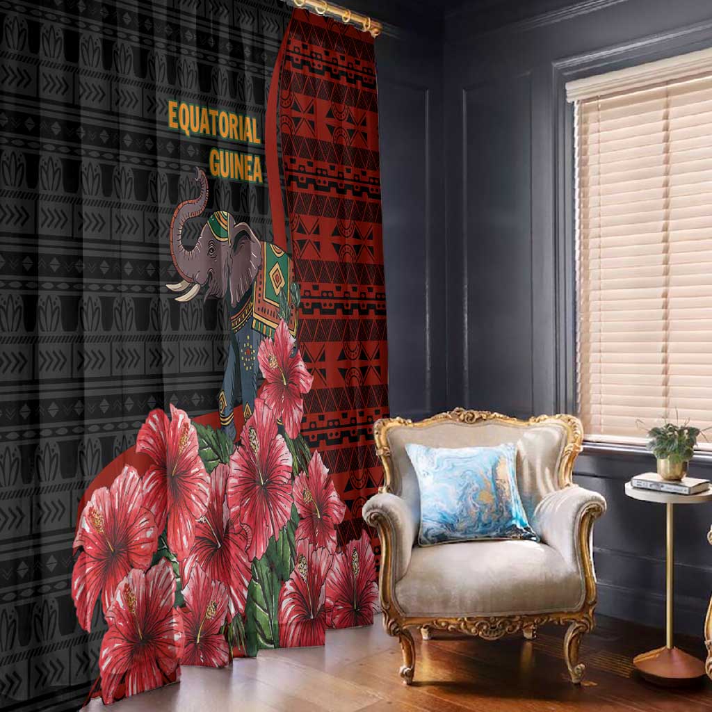 Equatorial Guinea Elephant Window Curtain - Hibiscus Flowers and Tribal Patterns