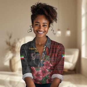 Equatorial Guinea Elephant Women Casual Shirt - Hibiscus Flowers and Tribal Patterns