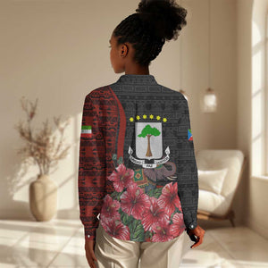 Equatorial Guinea Elephant Women Casual Shirt - Hibiscus Flowers and Tribal Patterns