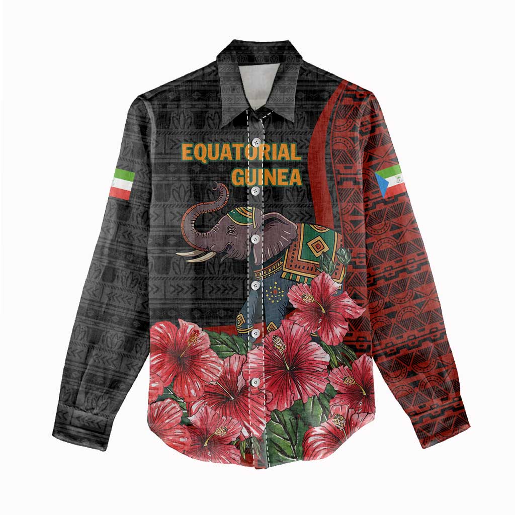 Equatorial Guinea Elephant Women Casual Shirt - Hibiscus Flowers and Tribal Patterns