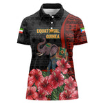 Equatorial Guinea Elephant Women Polo Shirt - Hibiscus Flowers and Tribal Patterns