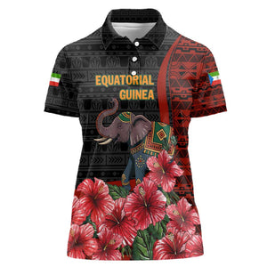 Equatorial Guinea Elephant Women Polo Shirt - Hibiscus Flowers and Tribal Patterns