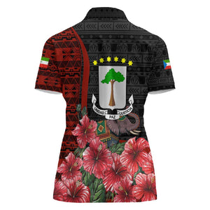 Equatorial Guinea Elephant Women Polo Shirt - Hibiscus Flowers and Tribal Patterns