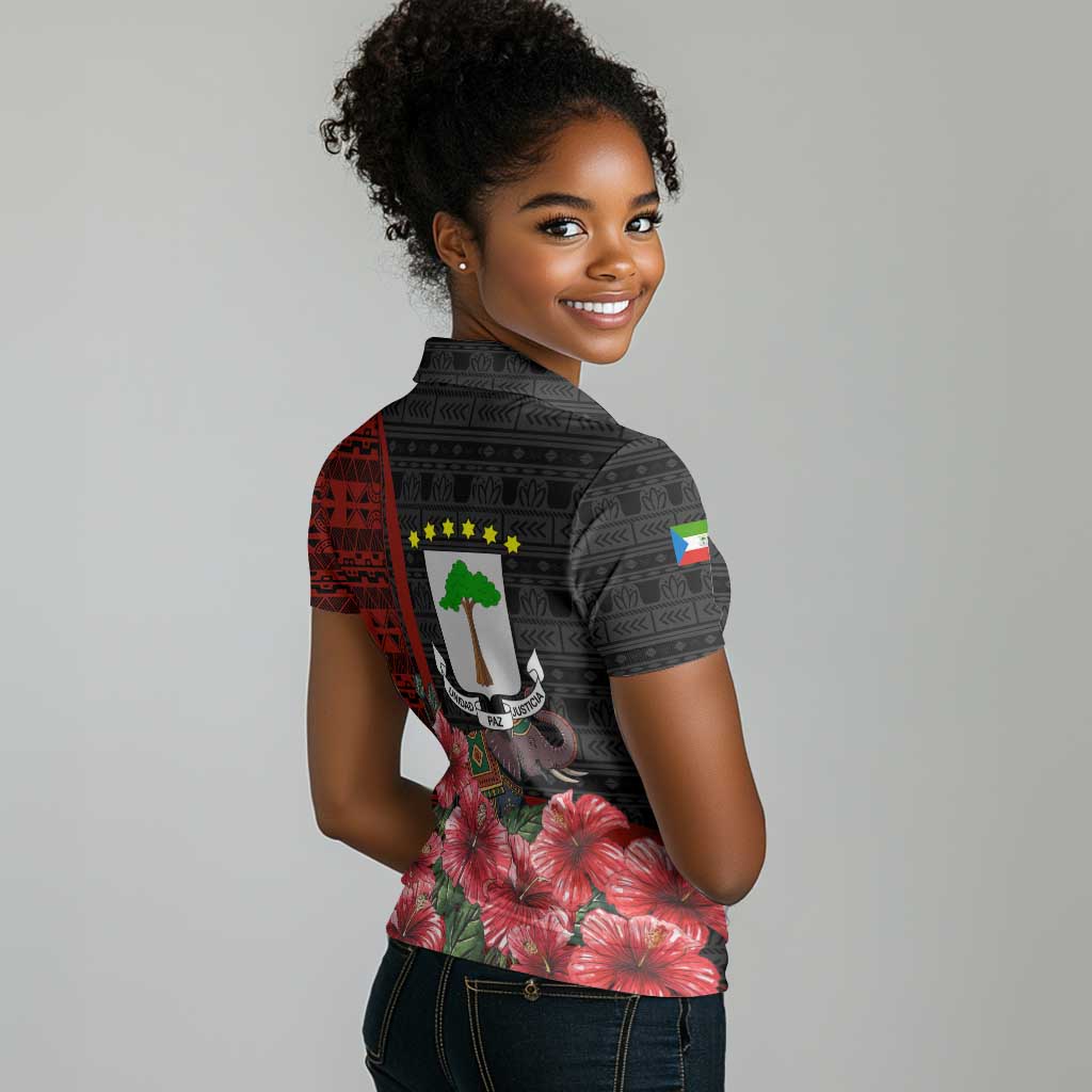 Equatorial Guinea Elephant Women Polo Shirt - Hibiscus Flowers and Tribal Patterns