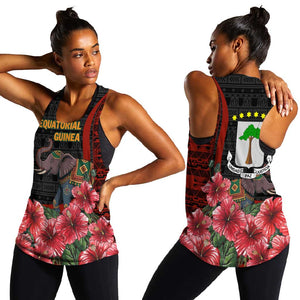 Equatorial Guinea Elephant Women Racerback Tank - Hibiscus Flowers and Tribal Patterns