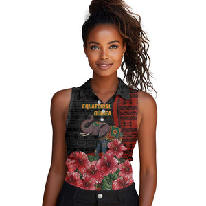 Equatorial Guinea Elephant Women Sleeveless Polo Shirt - Hibiscus Flowers and Tribal Patterns