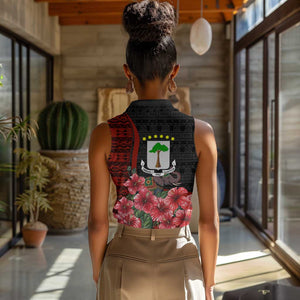 Equatorial Guinea Elephant Women Sleeveless Polo Shirt - Hibiscus Flowers and Tribal Patterns