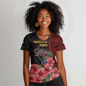 Equatorial Guinea Elephant Women V-Neck T-Shirt - Hibiscus Flowers and Tribal Patterns