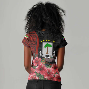 Equatorial Guinea Elephant Women V-Neck T-Shirt - Hibiscus Flowers and Tribal Patterns