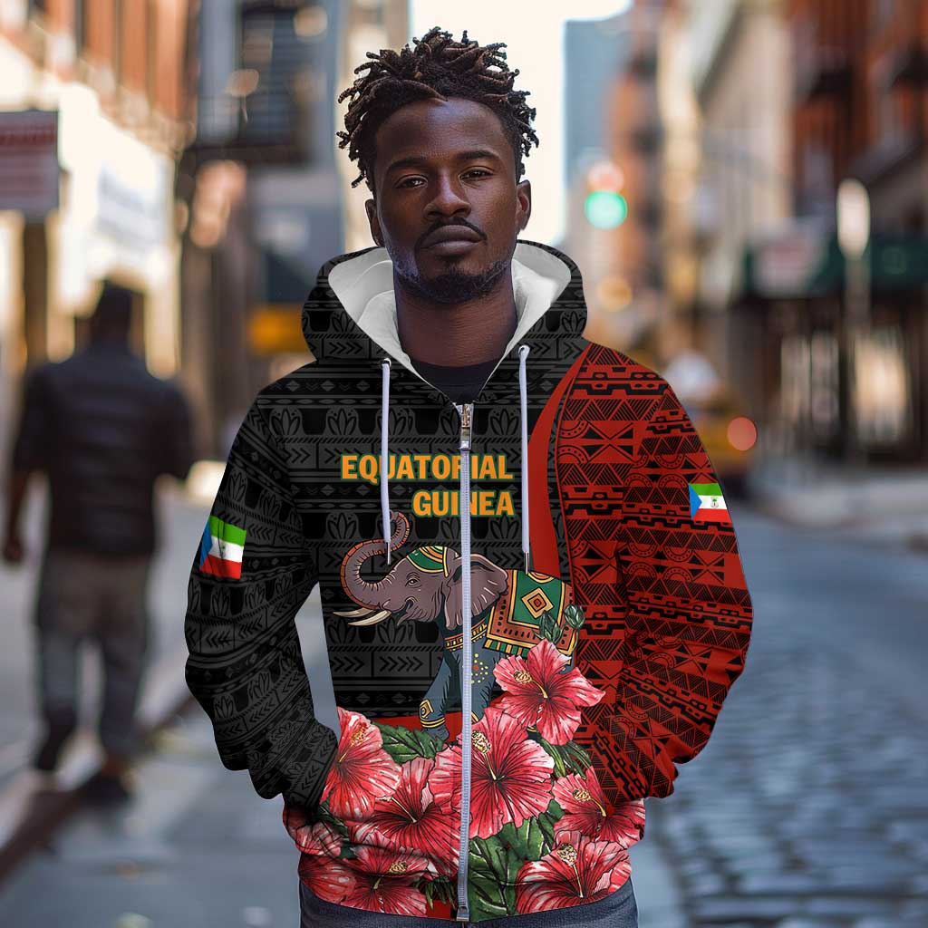 Equatorial Guinea Elephant Zip Hoodie - Hibiscus Flowers and Tribal Patterns