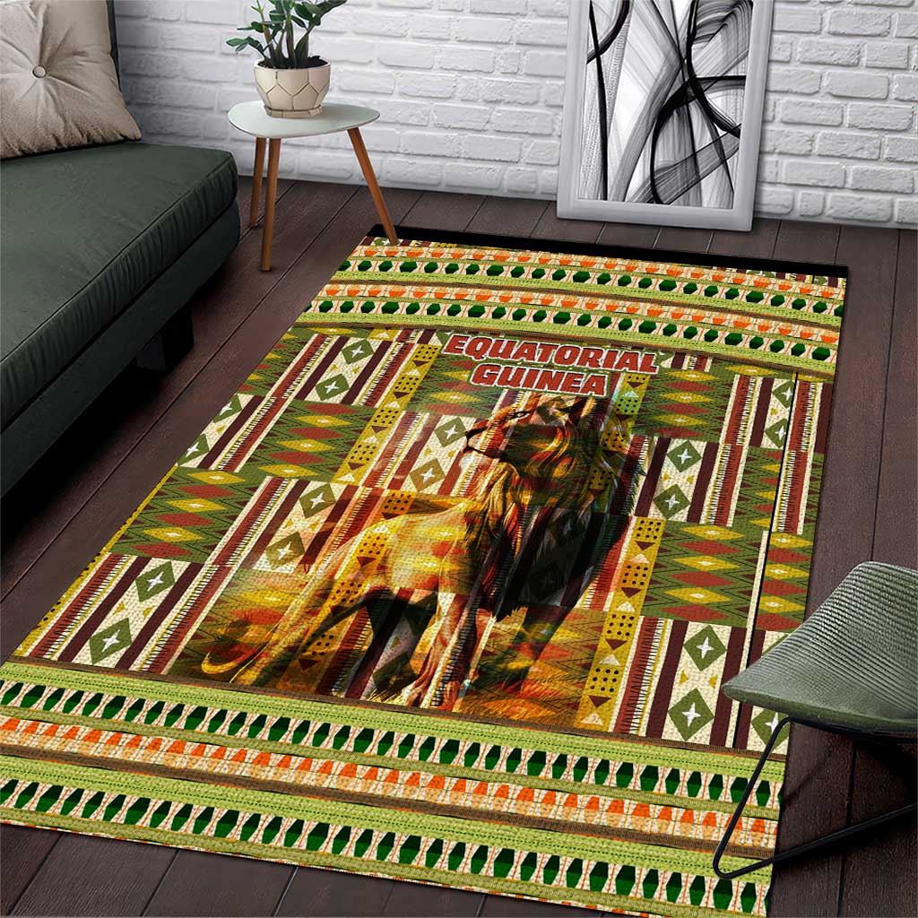 Equatorial Guinea Area Rug - Lion Print and Traditional African Kente Patterns