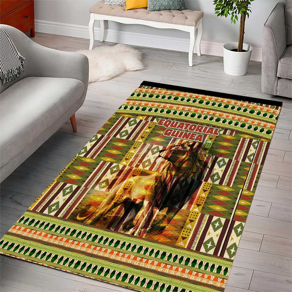Equatorial Guinea Area Rug - Lion Print and Traditional African Kente Patterns