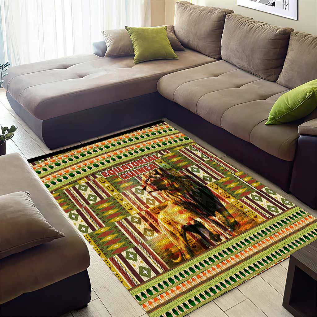 Equatorial Guinea Area Rug - Lion Print and Traditional African Kente Patterns