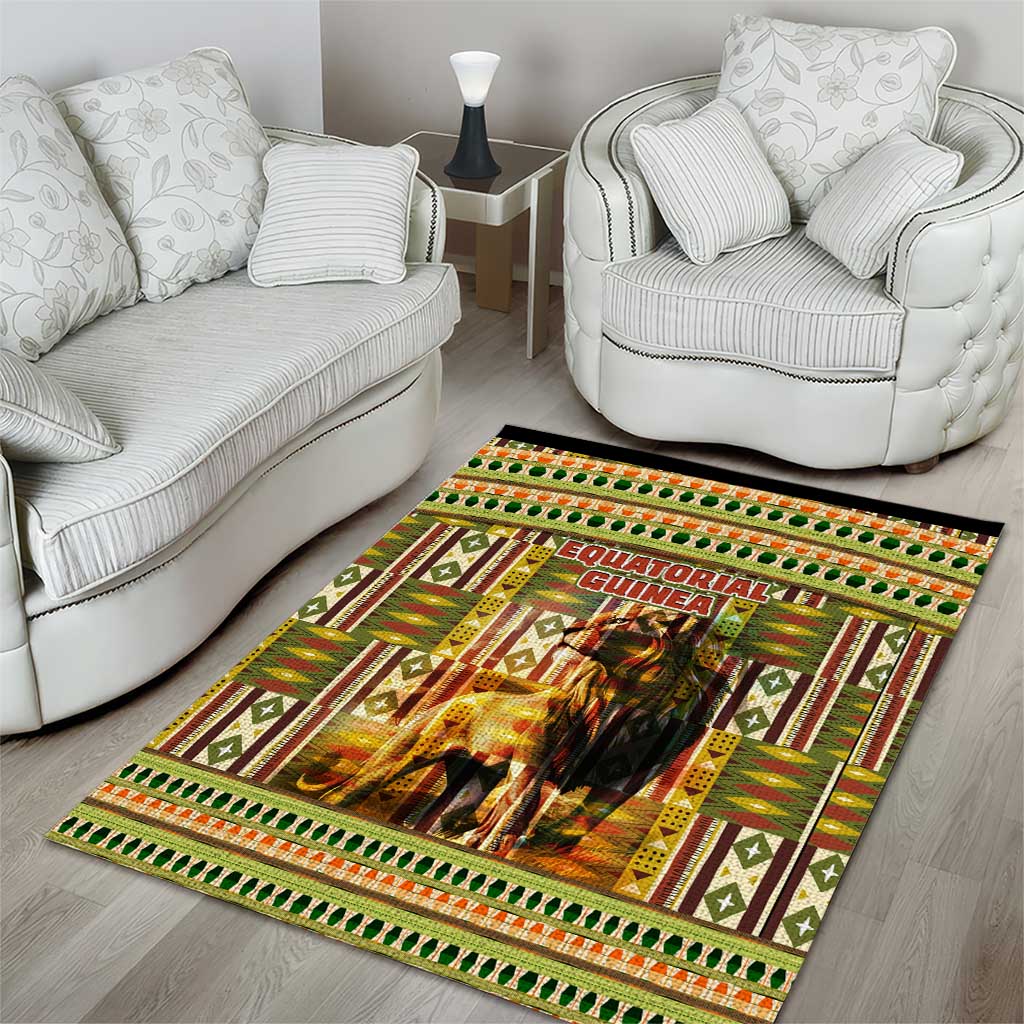 Equatorial Guinea Area Rug - Lion Print and Traditional African Kente Patterns
